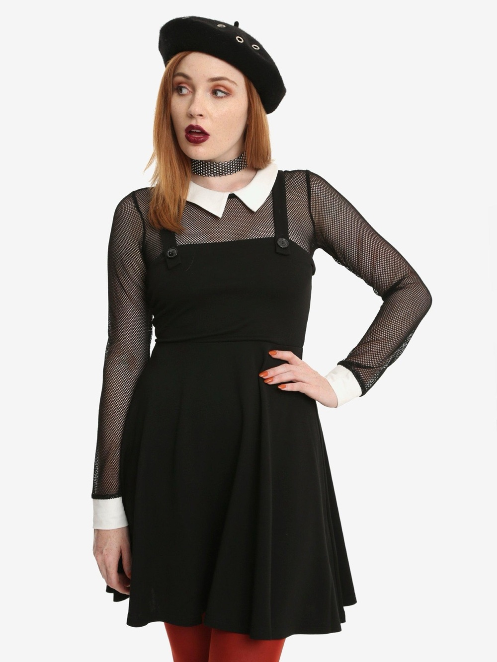 Jawbreaker Wednesday Addams Long Sleeve Fishnet Collared Jumper Dress, Size S